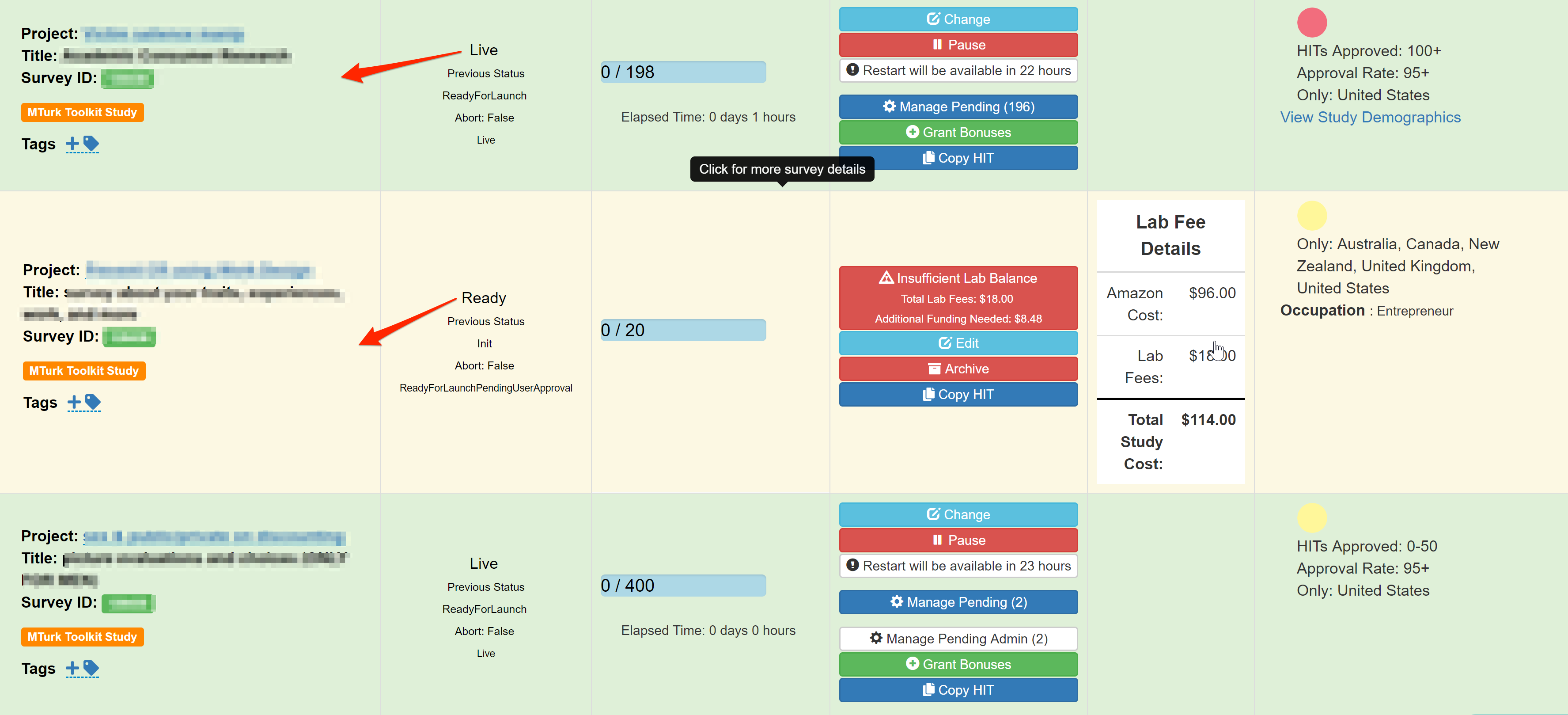 Significance of color-coded backgrounds on TurkPrime dashboard