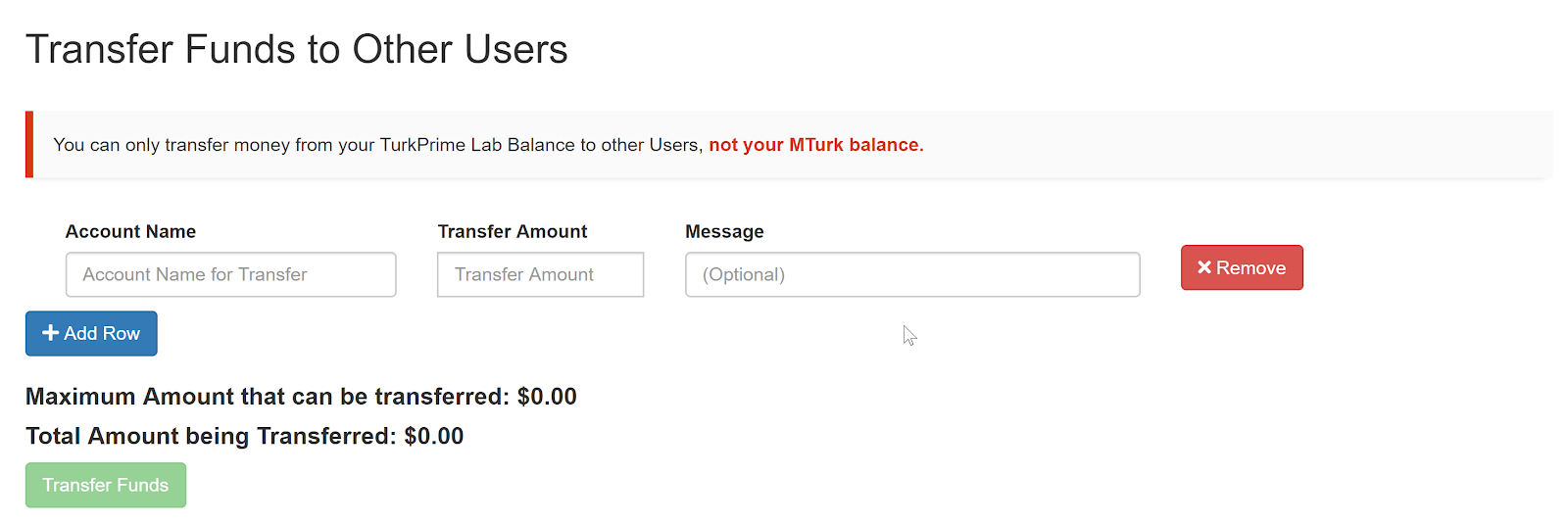 TurkPrime's Transfer Funds to Other Users option
