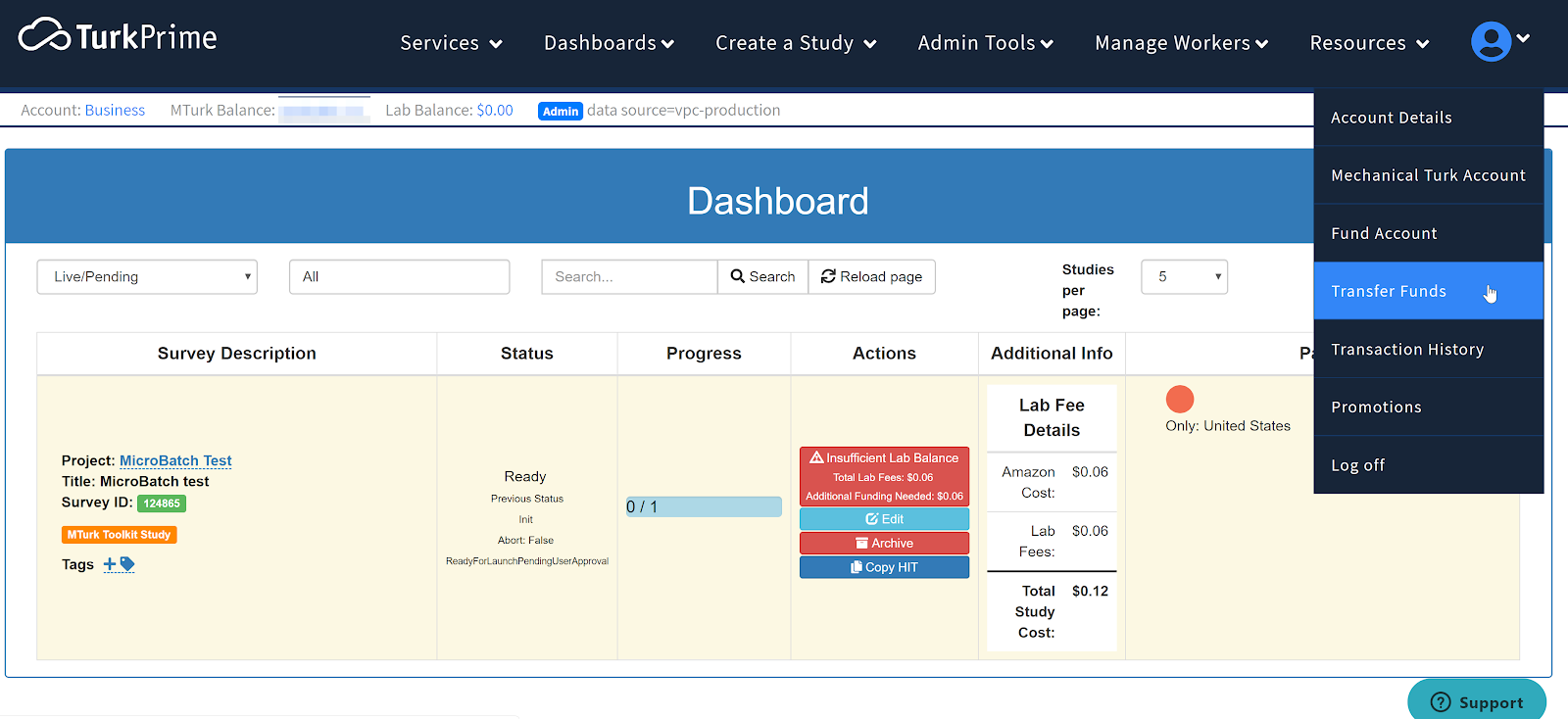 TurkPrime's Transfer Funds option