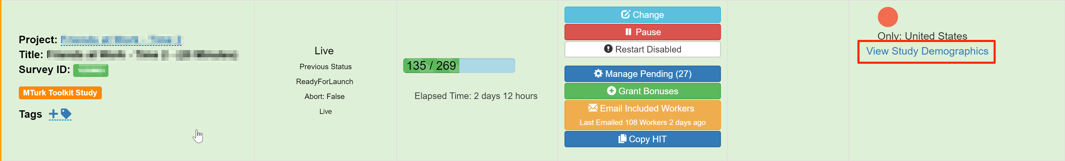 View Study Demographics option on TurkPrime Dashboard