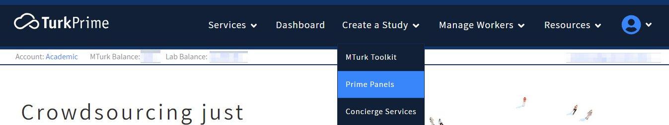 Access Prime Panels by going to Create a Study Menu on TurkPrime