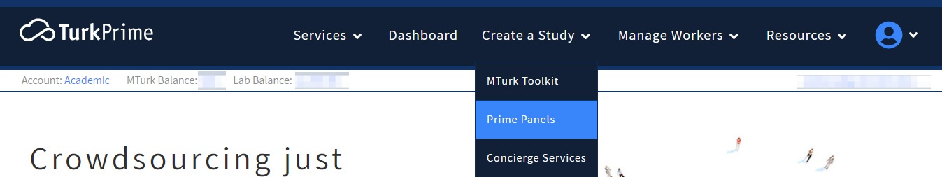 Prime Panels menu on TurkPrime to create a study